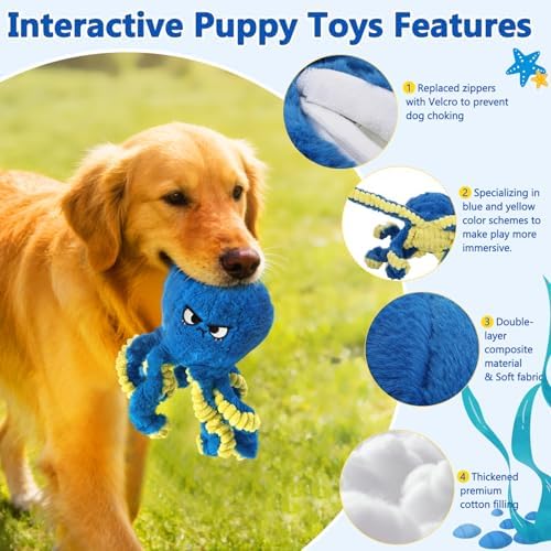 ETACCU Interactive Dog Toys Octopus, Moving Dog Toy to Keep Them Busy | Durable Automatic Jumping Dog Toy Bouncing Dogs Toy Squeaky Moving Tug of War Doggie Toy for Small Medium Large Dogs (Blue)