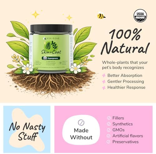 kin+kind Skin and Coat Supplement for Dogs & Cats – Natural Vitamin Supplements with Organic Ingredients for Shiny Fur, Moisturized Skin & Overall Pet Wellness – Dog Essentials & Cat Essentials – 8oz