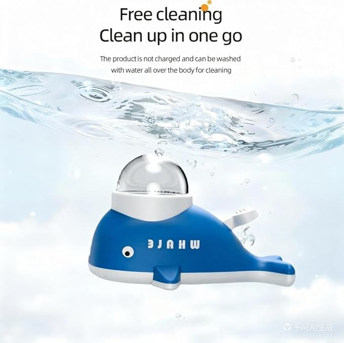 Interactive Dog Treat Dispenser Toy, Whale Shape Puzzle Feeder with Press Button and Rotating Design, Blue and White, Slow Feeding Game for Dogs and Cats