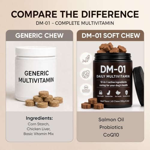 DM-01 Daily Multivitamin for Dogs - Advanced Hip & Joint Support, Boosts Immune System & Digestion, Promotes Skin, Coat & Organ System Health, Enhances Activity & Mood, 60 Chews (1)