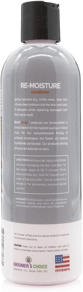 : Bark2Basics Re-Moisture Hydrating Dog Conditioner, Dry Itchy Skin, 16 oz | 16:1 Concentrate, Aloe Vera Soothes Sensitive Skin, Moisturizing Pet Detangler, Aids Deshedding, Groomer Grade, USA Made