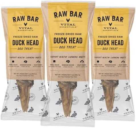 Vital Essentials Freeze-Dried Raw Duck Head Dog Treat & Long-Lasting Natural Chew, 3-Pack | Single Ingredient Dog Treat for Aggressive Chewers | Made in USA