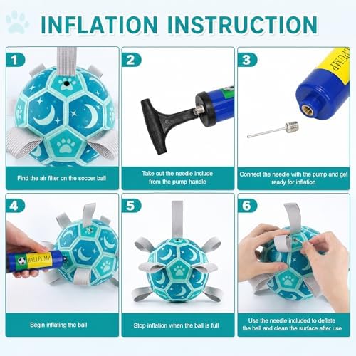Dog Soccer Ball with Straps, 7.25 Inch Herding Dog Ball Toys Dog Birthday Toy, Balls for 30-90lbs Dogs, Outdoor Dog Toy for Medium Large Puppy, Interactive Toy for Tug, Water Toy Ball,Blue