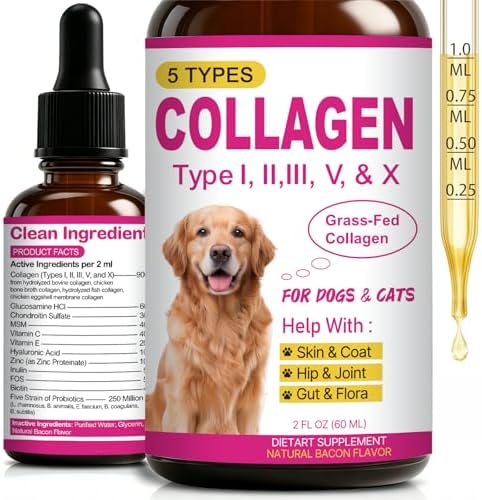 Premium Liquid Collagen for Dogs & Cats - 5 Types of Grass-Fed Collagen (I, II, III, V & X) - Supports Skin, Coat, Hips & Joints | Allergy and Itch Relief | Biotin, Vitamin C and Hyaluronic Acid