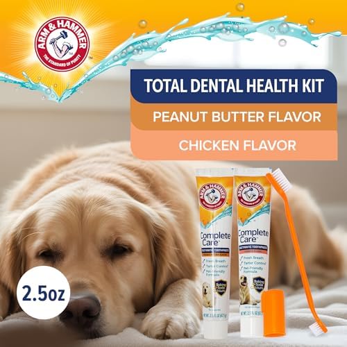 Arm & Hammer Complete Care Dog Dental Kit, 2 Flavors, 2.5 Oz Each | Includes chicken and peanut butter enzymatic toothpaste, toothbrush, and finger brush, baking soda daily