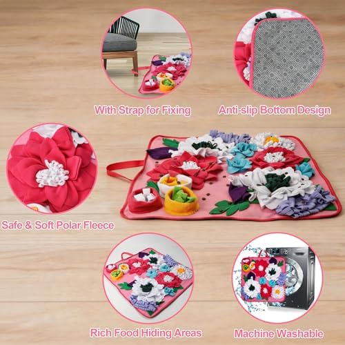 Vextronic Snuffle Mat for Dogs, Large Breed Slow Feeder Interactive Toy | 25x25-inch washable mat. Sparks natural foraging. Eases anxiety. Slows gulping at meals. Fits small to large pets. Pink.