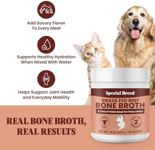 Bone Broth Powder for Dogs and Cats - Dog & Cat Food Topper for Picky Eaters - Grass Fed Beef Bone Broth Supplement - Supports Hydration, Joint, Immunity & Heart Health - Serve Dry or Wet - 19oz