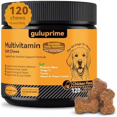 Dog Multivitamin Soft Chews: 5-in-1 Formula with CoQ10, Omega-3 and Lutein | 26 Essential Nutrients to Support Skin & Coat, Heart, Eye, Digestive Health & Daily Nutrition, Chicken Flavor