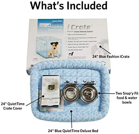 MidWest Homes for Pets Blue Fashion iCrate Starter Kit, 24-inch Dog Crate Bundle for Small Dogs, Includes Cage, Pet Bed, 2 Bowls and Privacy Cover