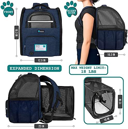 PetAmi Expandable Dog Backpack Carrier, Top Window & Multi-Entry, Up to 18 lbs, Navy
