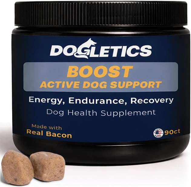 Boost Active Dog Support: Improve Energy, Endurance, Recovery & Longevity- 90ct USA Made with Real Bacon