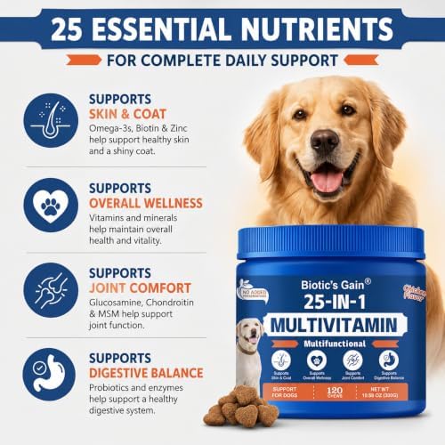 Biotic’s Gain 25-in-1 Multivitamin for Dogs | Chicken Flavour Soft Chews | Supports Skin, Heart, Hip & Joint and Gut Health | Daily Nutrient Boost for All Breeds (25 in 1 Multivitamins)