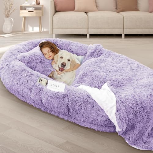ROOMTEC Human Dog Bed, 71''x45''x12'' Size Fits Adult Pet Washable Oversize People Bed 10 CM Thick Memory Foam Large Giant Pet Bed with Plump Pillow, Blanket, Strap - Purple