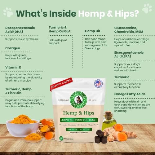 Veterinary Naturals Hemp & Hips Joint Supplement for Dogs/Supports Relief from Hip and Joint Pain in Large, Aging Dogs (Regular, Beef & Bacon)