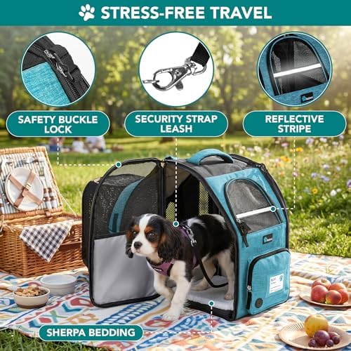 PetAmi Expandable Dog Backpack Carrier, Top Window & Multi-Entry, Up to 18 lbs, Teal Blue