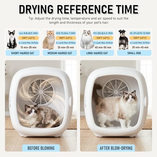1200W High Velocity Pet Dryer Box for Cats & Small Dogs, Automatic Lonic Full-Body Fast Drying Box with 5 Temp Modes & Adjustable Wind,Low Noise Smart Soft Hair Grooming Dryer with 3 Towels(60L,White)