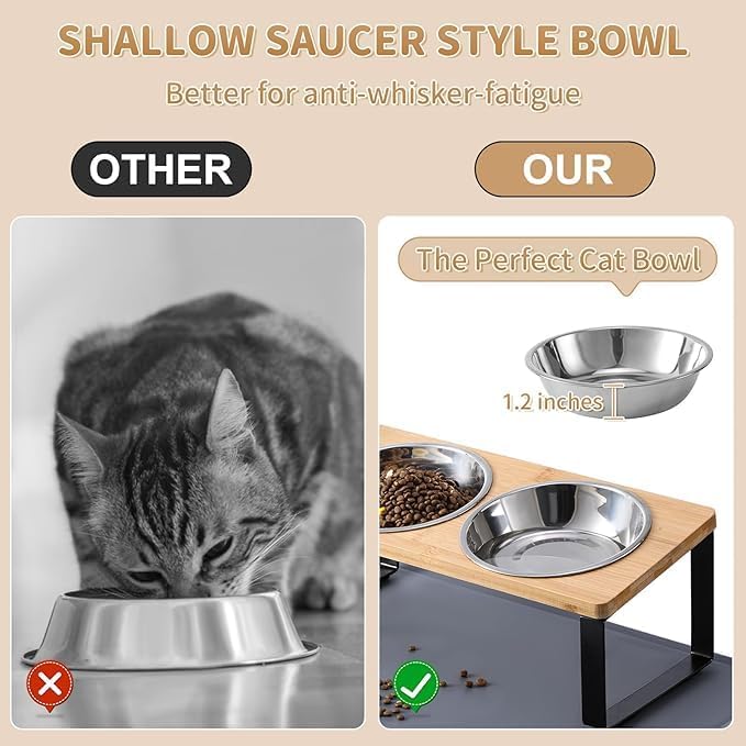 2 Pack Elevated Cat Bowls with Food Mat,15°Tilted Stand Anti Vomiting Raised Cat Dishes for Food and Water,2 Stainless Steel Bowls for Cats and Puppy