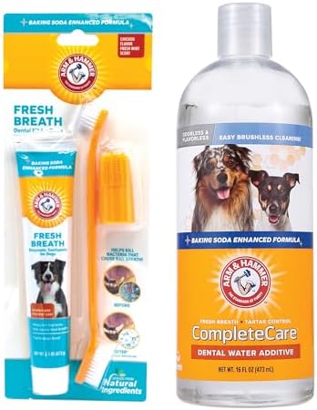 Arm & Hammer Fresh Breath Dog Dental Care Kit with Toothbrush & Chicken Toothpaste (2.5 oz) + Complete Care Flavorless Water Additive for Dogs, Dog Mouthwash & Bad Breath Treatment (16 oz)