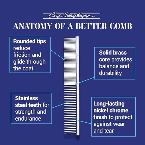Chris Christensen 5in Face and Feet Fine/Coarse Butter Comb, Groom Like a Professional, Rounded Corners Prevent Friction and Breakage, Solid Brass Spin with Steel Teeth, Chrome Finish