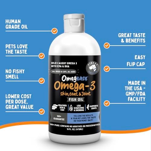 100% Pure Fish Oil for Dogs & Cats (1,545mg Omega 3 per Teaspoon) 16oz. Loaded with EPA & DHA for Joints, Skin & Coat, Itching, Heart & Immune Health. Stronger Than Salmon Oil. Unflavored Omegease.