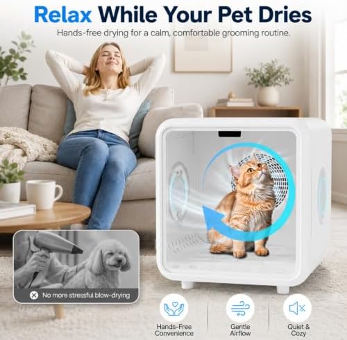 Fenbeli Pet Dryer Box for Cats and Small Dogs, 75L Extra-Large Quiet Pet Drying Room with Smart App Control, 360° Airflow, Adjustable Temperature & Time, Spacious Grooming Dryer for Home Use