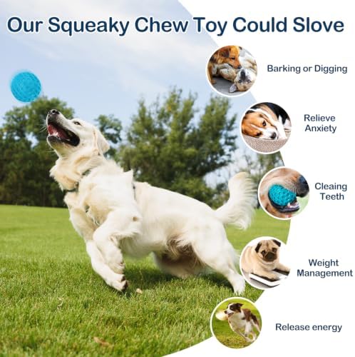 Indestructible Squeaky Dog Ball for Aggressive Chewers, Rubber Interactive Dog Toy for Teething, Relieving Anxiety. Chew Toy for Large, Medium Breeds, Outdoor & Indoor Ball.