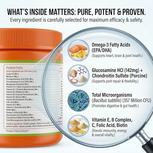 8-in-1 Dog Multivitamin Chews with Probiotics, Glucosamine & Omega 3 | Tasty daily soft chews help support overall wellness, digestion, mobility and a healthy coat for dogs of all ages.