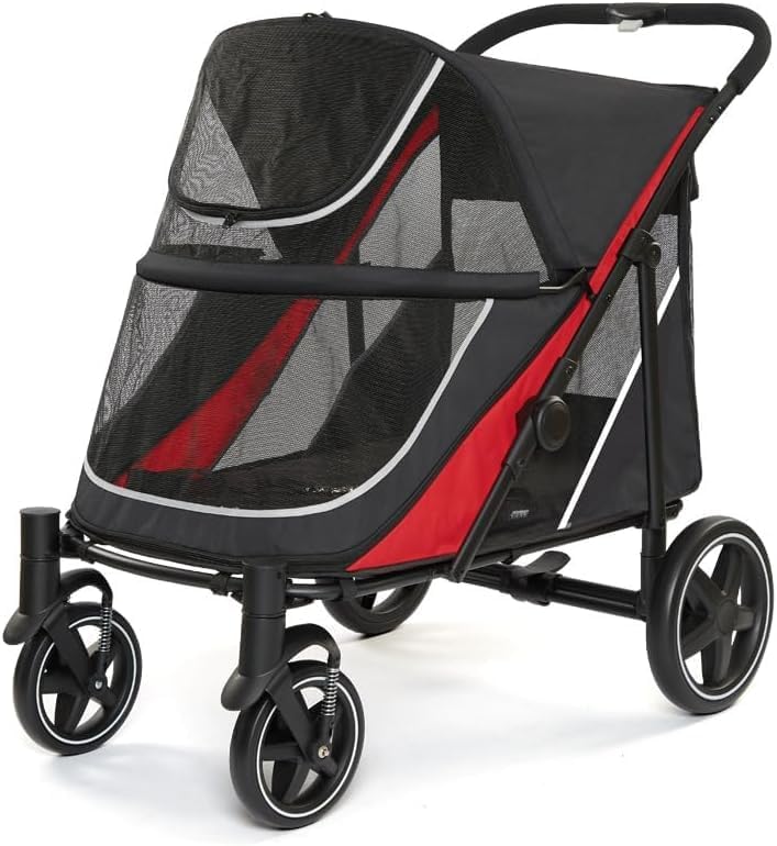 Large Dog Stroller - Black-Red, up to 88lbs, 4-Wheel All-Terrain