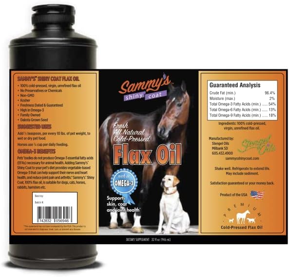 Sammy’s™ Shiny Coat Flaxseed Oil - 100% Pure, Natural Flax Oil, Cold-Pressed, Excellent Source of Anti-Inflammatory Omega-3, Promoting Skin and Coat Health, Immune System & Overall Wellbeing - 32 Oz