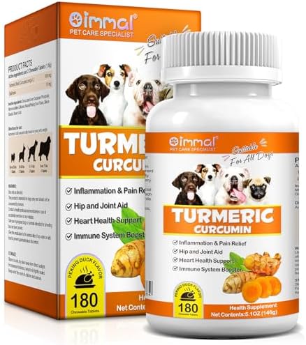 Turmeric for Dogs - 180 Turmeric Curcumin Tablets Supports Heart, Joint & Inflammation, Hip & Joint Aid, Dog Pain Relief, Allergy & Itch Relief, Duck Flavour