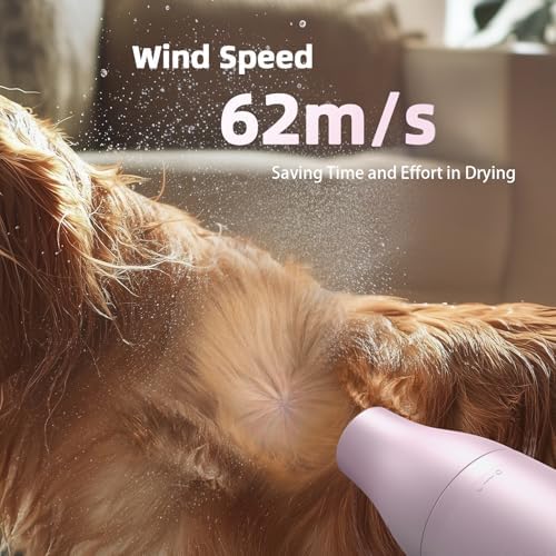 Buenkee Handheld Dog Dryer, 3HP High-Velocity Pet Hair Blower, Pink | 12 modes with 3 speeds and 4 temps, 1.2 lb lightweight, quiet under 65 dB, portable for home and travel, includes 3 nozzles