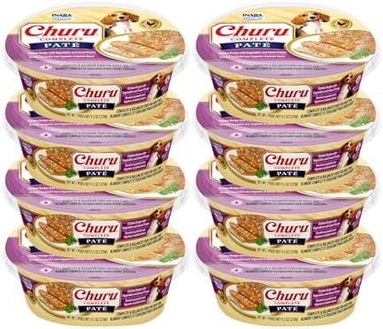 INABA Churu Complete Pate for Dogs, Grain-Free, High Protein & Moisture, Wet Dog Food with Fish Oil, 9.52oz. Cup, 8 Cups, Chicken Recipe with Vegetables & Sweet Potato