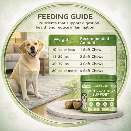 Biotic’s Gain Dog Skin & Coat Soft Chews Supplement – Omega-3 EPA & DHA, GLA, Zinc & Biotin to Support Healthy Skin and a Shiny Coat (120, Skin & Coat)