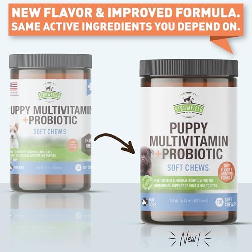 Strawfield Pets' Puppy Multivitamin + Probiotics for Dogs Puppy Vitamins with Joint Support Supplement for Dogs & Puppies Tasty Bacon Flavor 120 Soft Chews
