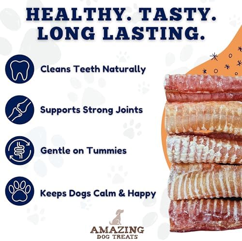 Amazing Dog Treats - 12 Inch Beef Trachea Chews for Dogs (10 pcs/pk) - 100% Natural Trachea Dog Treats - Excellent Source of Glucosamine - Natural Long Lasting Treats