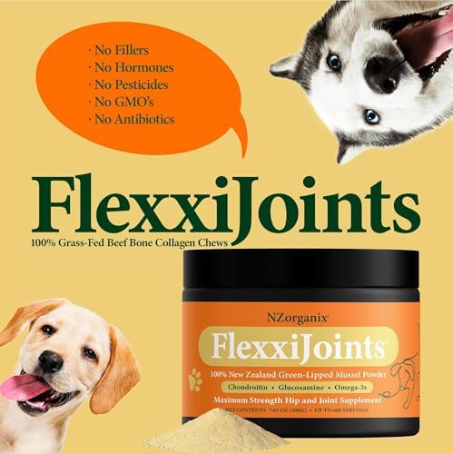 NZorganix FlexxiJoints 100% New Zealand Green-Lipped Mussel Powder, Hip & Joint Support Formula for Dogs & Cats, with Glucosamine, Chondroitin 100g (300 Servings)