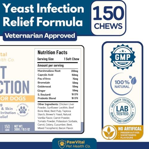 Natural Yeast Infection Treatment for Dogs, 150 Chews – Anti Yeast Support for Itchy Skin & Ears – Helps Reduce Irritation & Paw Licking – Probiotic + Herbal Blend – Bacon Flavored Soft Chews