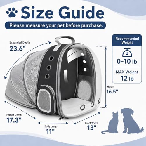 Expandable Cat Carrier Backpack with Bubble Window and Mesh, Black
