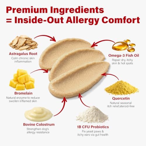 Dog Allergy Supplement,Soothes Itching,Yeast,Paw Licking,Itchy Ears and Seasonal Allergies with Quercetin,Bromelain & Omega-3 Fish Oil Immunity Support & Gut Health for All Ages & Sizes,Chicken Flavor