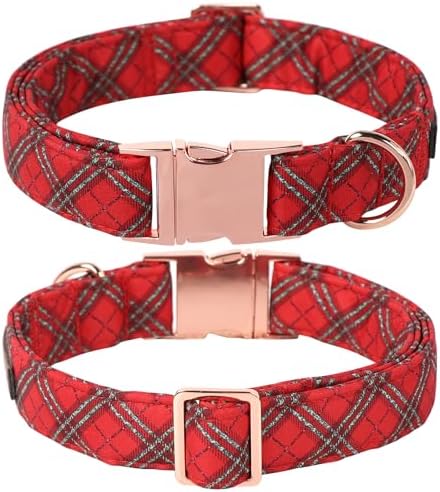 Lionet Paws Christmas Dog Collar, Cute Winter Red Green Dog Collar for Medium Dogs, Adjustable Cotton Grid Pet Collars for Small Medium Dogs