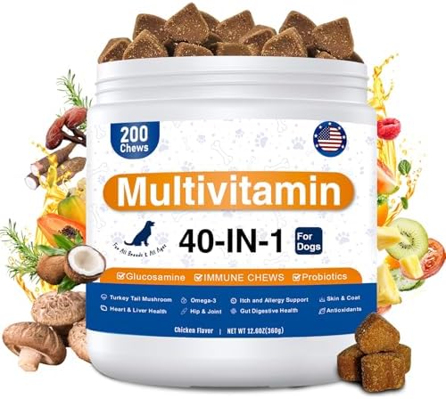 Dog Multivitamin, 40-in-1 Dog Vitamins and Supplements Chewable Contain Probiotics Omega-3 Glucosamine, Multivitamin for Dogs Skin Coat Heart Joint Liver Brain Eyes Immune Support (200ct)