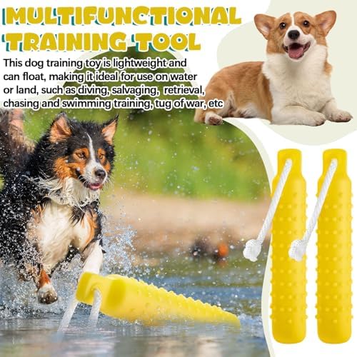 Blueweenly Yellow Dog Bumper Toy Training Dummy, 4 Pcs | Plastic Lightweight Floats on Water, Textured with Rope for Fetch, Pool Outdoor Retrieving, Summer Water Play