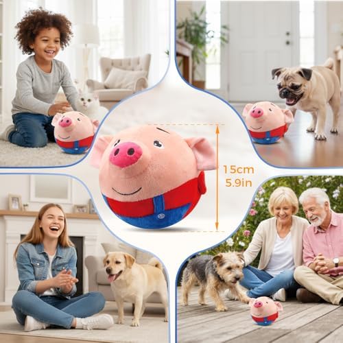 Interactive Dog Toys, 2025 New Active Moving Pet Plush Toy, Rechargeable Squeaky Dog Ball Toy with Talking Sound, Washable Cartoon Pig Plush Toy for Dogs Puppies (Red)