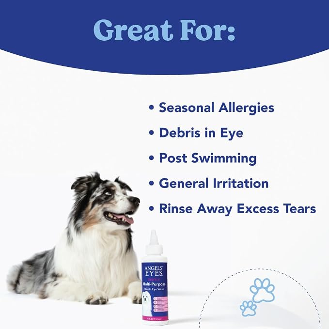 Angels' Eyes Multi-Purpose Sterile Eye Wash 4 oz Eye Cleaner and Rinse, Tear Stain Reducer for Allergies, Debris, Mucus, Irritation and Weepy Eyes for All Dogs with Boric Acid