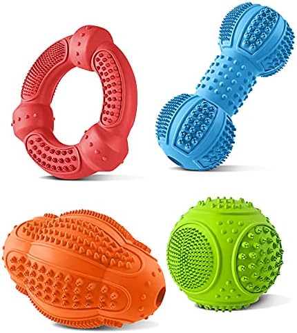 Dog Chew Toys 4 Pack, Dog Toys for Aggressive Chewers Small Medium Large Breed, Multifunctional Teeth Cleaning and Gum Massage, Tough Dog Toys with Natural Rubber for Puppy and Medium Large Dog