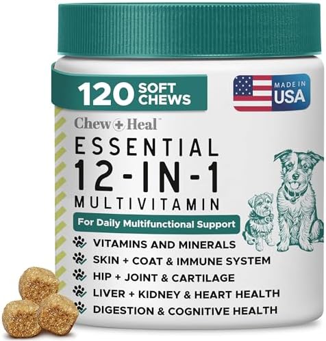 12-in-1 Dog Vitamin and Supplement Chews, 120 Ct - Senior and Puppy Vitamin | Glucosamine Chondroitin, Probiotics, Omega 3 - Hip & Joint, Skin & Coat, Immune, Digestive Support - Vitaminas Para Perros
