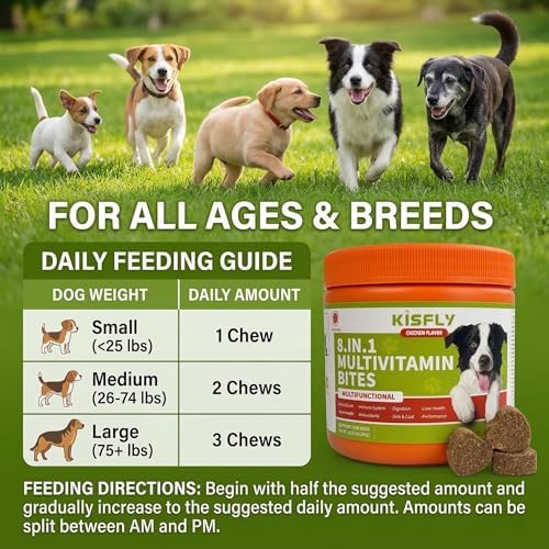 8-in-1 Dog Multivitamin Chews with Probiotics, Glucosamine & Omega 3 | Tasty daily soft chews help support overall wellness, digestion, mobility and a healthy coat for dogs of all ages.