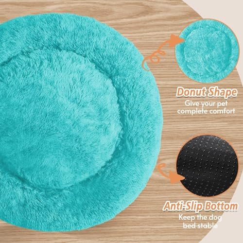 JOLLYVOGUE 31" Calming Donut Dog Bed, Aqua Blue