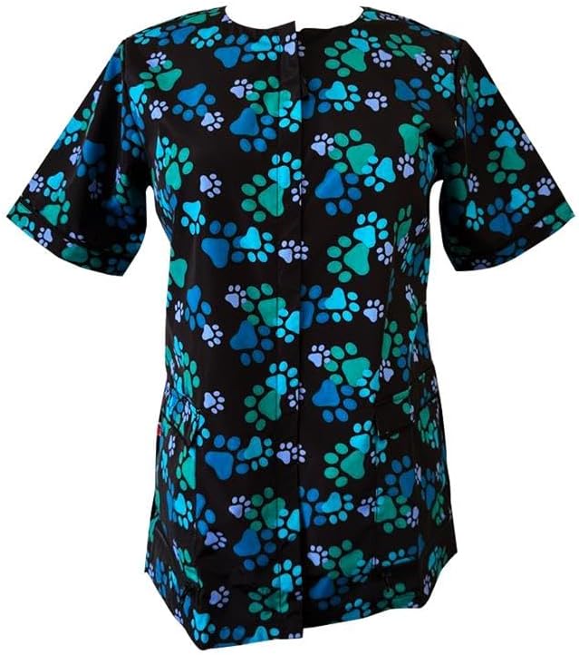 Ladybird Line 714 Blue Paw Print Waterproof Dog Grooming Smock, Hair Bleach Resistant Jacket, Solid Back, Adjustable Tie Belt