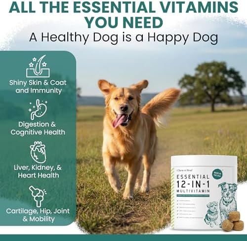 12-in-1 Dog Vitamin and Supplement Chews, 60 Ct - Senior and Puppy Vitamin | Glucosamine Chondroitin, Probiotics, Omega 3 - Hip & Joint, Skin & Coat, Immune, Digestive Support - Vitaminas Para Perros